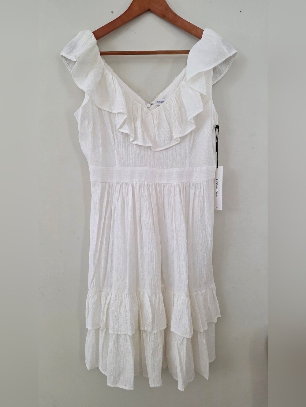 Calvin Klein White Ruffle Tiered Dress Petite 10 NWT